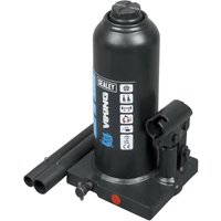 Black Sealey PBJ5S bottle jack, 5 tonne capacity, with a cylindrical body and a side handle.