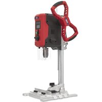 Red and black Sealey bench drill with digital display, adjustable speed, and sturdy metal base.
