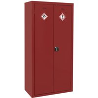 Red Sealey pesticide storage cabinet with two doors, hazard symbols, and a central lock.