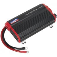 Black and red Sealey power inverter with ribbed casing, 1500W, 12V DC to 230V AC, with attached cables.