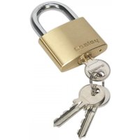 Brass Sealey padlock with 50mm body, chrome shackle, and two silver keys attached.
