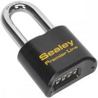 Black Sealey combination padlock with long chrome shackle and yellow branding on steel body.