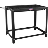 Black Sealey plasma cutting workbench table with metal slatted top and sturdy rectangular frame.