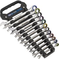 Sealey Platinum Series 12 Piece Ratchet Combination Spanner Set with silver finish, color-coded rings, and black holder.