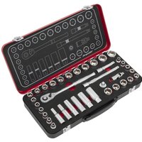 Sealey Platinum Series socket set with 37 pieces, including ratchet, sockets, and extensions in a black and red case.