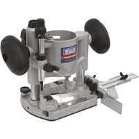 Sealey plunge base for CP20VTR router, silver with black handles, adjustment knobs, and depth gauge.