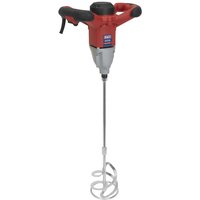 Red and gray Sealey electric paddle mixer drill with dual handles and long mixing paddle attachment.