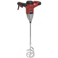 Red and silver Sealey electric paddle mixer with dual handles and long mixing rod.