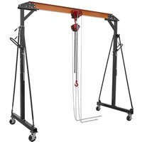 Red and black Sealey gantry crane with adjustable height, geared trolley, and four caster wheels.