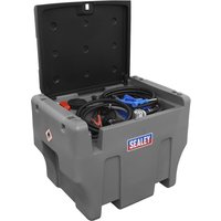 Gray Sealey portable combi fuel tank with open lid, hoses, and Sealey logo on the front.