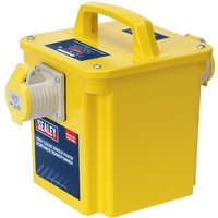 Yellow Sealey portable site transformer with a sturdy handle, 240v to 110v, 1.5Kva, and dual plug sockets.
