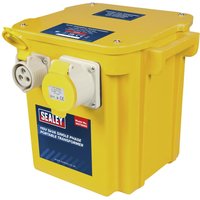 Yellow Sealey portable site transformer with dual sockets and carrying handle, 240v to 110v, 5Kva capacity.