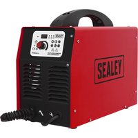 Red Sealey PP40PLUS plasma cutter with built-in compressor, digital display, and black handle.