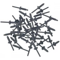 Pack of 50 black plastic rivets, each Ø5 x 15.8mm, with a flat head and cylindrical shaft, scattered on a white background.