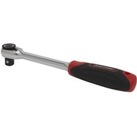 Sealey Premier 1/2" drive ratchet with compact head, silver metal body, and black-red ergonomic handle.