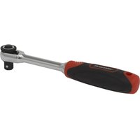 Sealey Premier 1/4" drive ratchet with compact head, silver metal shaft, and black and red ergonomic handle.