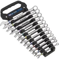 Sealey Premier 12 Piece Anti Slip Combination Spanner Set with silver wrenches in black plastic holder.