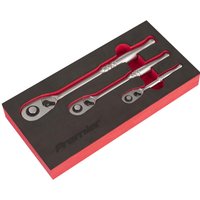 Sealey Premier 3 Piece Ratchet Set in black foam module with red trim, featuring three chrome ratchets of varying sizes.