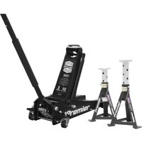 Black Sealey Premier trolley jack with long handle and two adjustable silver axle stands.