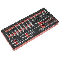 Sealey Premier 44 Piece 1/4" Drive Socket Set in black and red module tray with various sockets and ratchet handle.