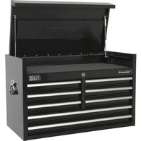Black Sealey Premier 8 Drawer Tool Chest with silver handles and a hinged top lid.