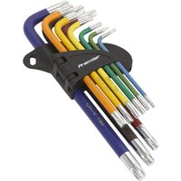 Sealey Premier 9 Piece Colour Coded Long Torx Key Set with multicolored handles and black holder.