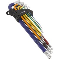 Sealey Premier 9 Piece Extra Long Colour Coded Ball End Hex Key Set with multicolored handles in black holder