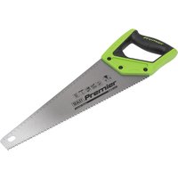 Sealey Premier hand saw with a silver blade, black and green ergonomic handle, and bold branding on the blade.