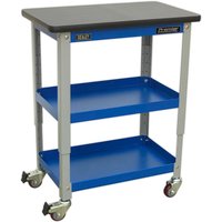 Blue and gray Sealey Premier 3-shelf workshop trolley with swivel casters and a black top shelf.