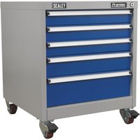 Gray Sealey Premier mobile cabinet with five blue drawers and caster wheels.
