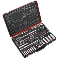 Sealey Premier 108 Piece Socket Set in black case with assorted sockets, ratchets, and extensions neatly organized.