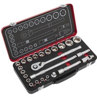 Sealey Premier 24 Piece Socket Set in black case with silver sockets, ratchet, and extensions, red trim on lid.