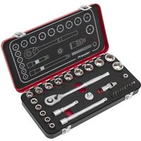 Sealey Premier 31 Piece Socket Set with ratchet, extensions, and sockets in a black and red case.