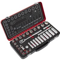Red and black Sealey socket set with 32 pieces, including ratchet, sockets, and extensions in a molded case.