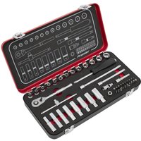 Sealey Premier Platinum Series 49 Piece 1/4" Drive Socket Set in red and black case with organized chrome sockets.
