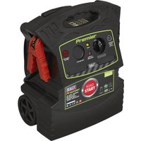 Black Sealey Premier jump starter with red clamps, LED indicators, and handle, featuring RoadStart branding and wheels.