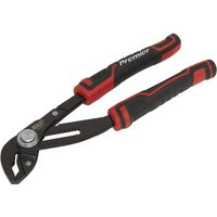 Sealey Premier water pump pliers with black jaws, red and black rubber grips, and quick release mechanism.