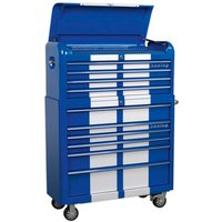 Blue retro-style roller cabinet with 10 drawers, white racing stripes, and casters by Sealey Premier.