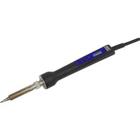 Black Sealey Premier soldering iron with digital display, pointed metal tip, and blue control buttons on handle.