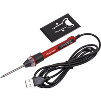 Red Sealey Premier SDL12 USB soldering iron with black cable and USB plug, includes a small black stand.