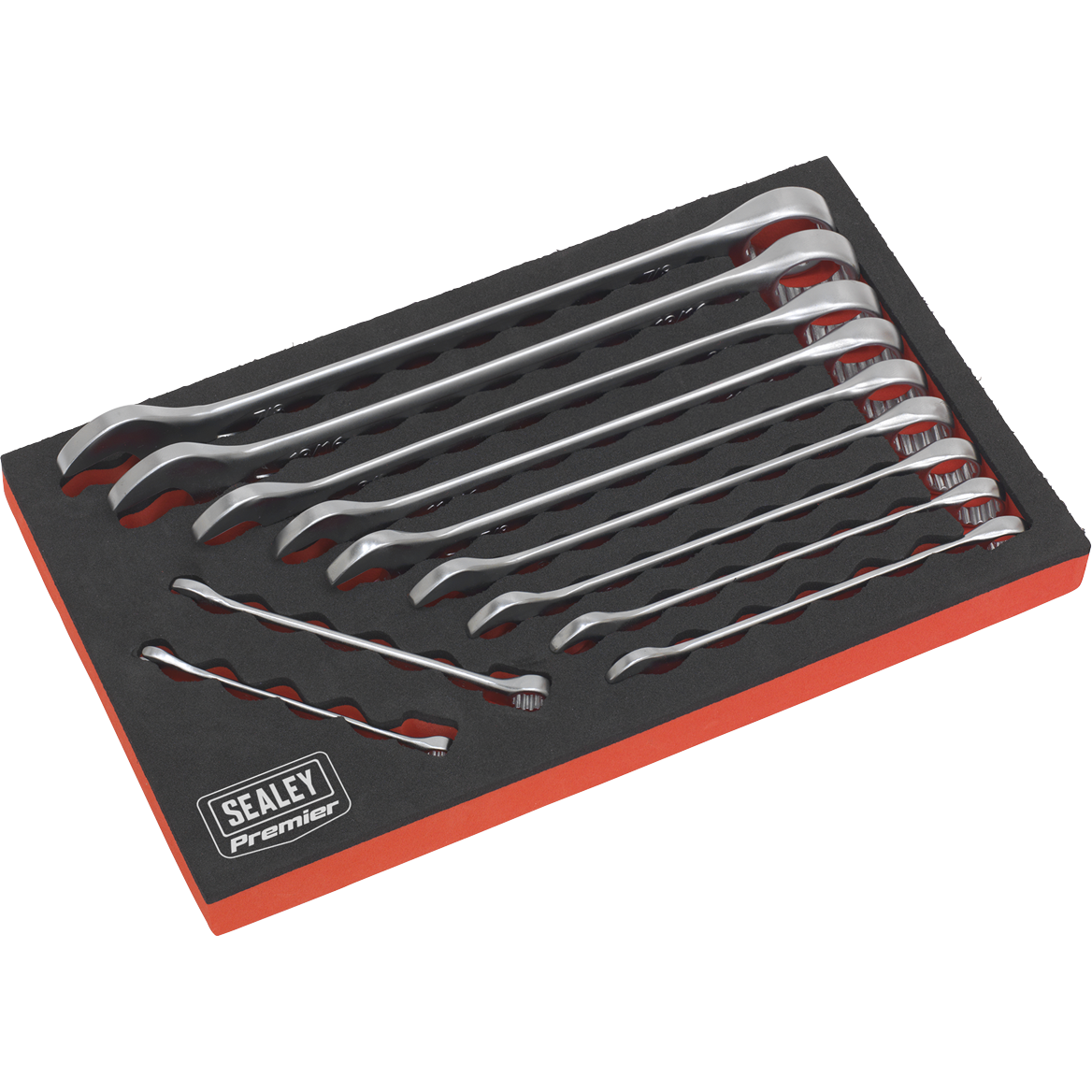 Combination spanner set featuring 11 polished chrome vanadium spanners in various sizes, neatly arranged in a black and red foam tray with the Sealey logo.