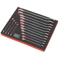 Silver Sealey combination spanner set in foam tray, various sizes, organized in a red and black holder.