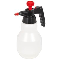 White Sealey solvent pressure sprayer with black handle, red nozzle, and red top knob.
