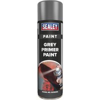 Sealey grey primer aerosol spray paint can with red and blue logo and image of paint application on the label.