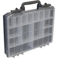Clear Sealey organiser case with 20 small compartments, black handle, and secure latches.
