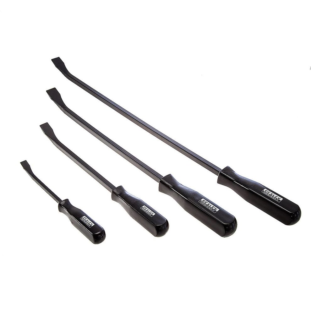 Four-piece prybar set featuring black steel shafts and ergonomic rubber grips, varying in length for versatile use, ideal for prying and lifting tasks.