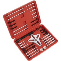 Red Sealey PS979 Harmonic Balance Puller Set with 46 pieces, including bolts and a tri-wing puller in a molded case.