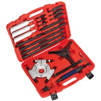 Red case with Sealey hydraulic bearing separator, puller tools, and attachments neatly organized inside.