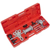 Red Sealey PS983 slide hammer/puller set in a case with various metal attachments and tools.