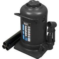 Black Sealey telescopic bottle jack with 12-tonne capacity, featuring a compact design and two detachable handles.